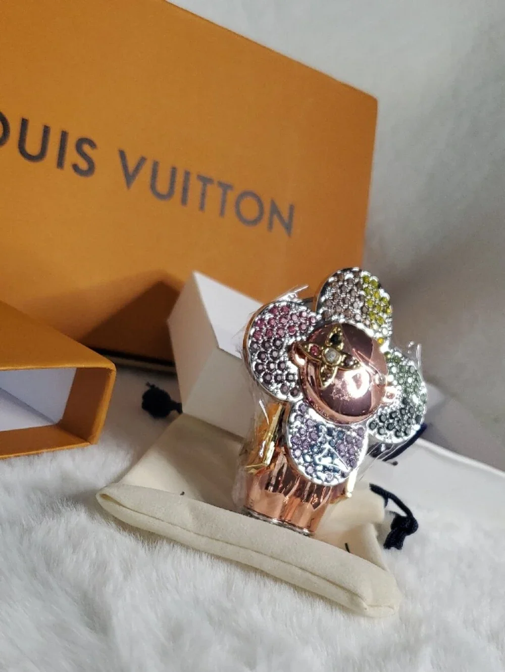 Louis Vuitton Multicolor Crystal Flower Cocktail Ring with Rose Gold Center